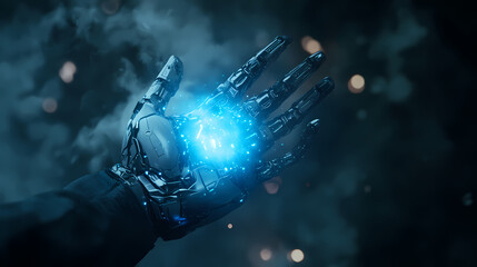 Mechanical Hand with Blue Light in Dark Background
