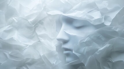 Obraz premium A tranquil expression molded face surrounded by crumpled white paper : Generative AI