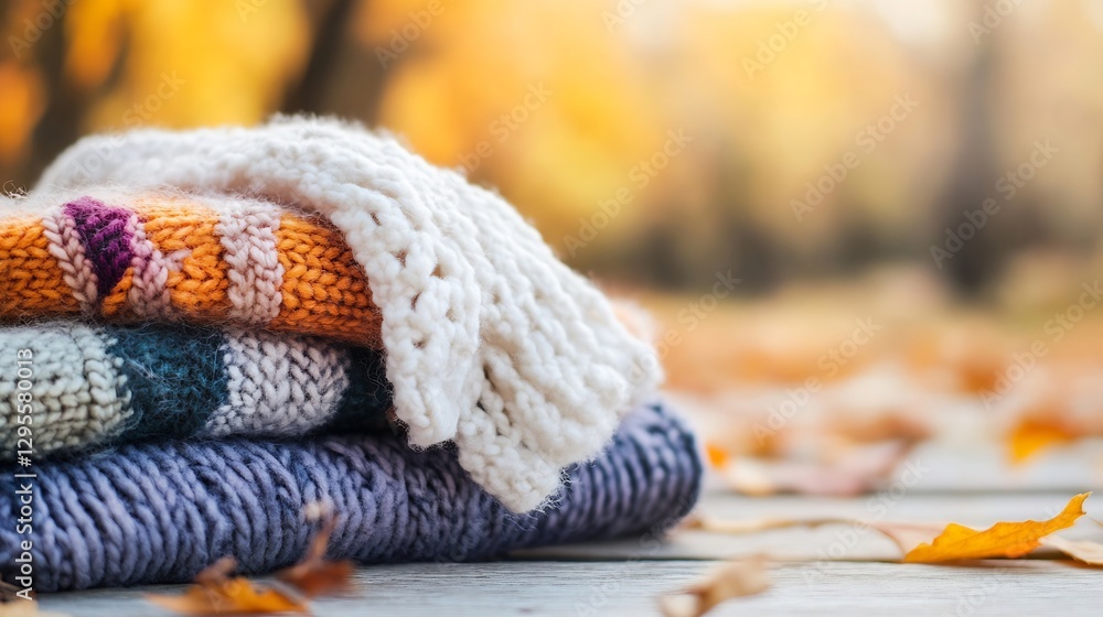 Aufkleber cozy knit sweaters stacked together in autumn setting surrounded by colorful leaves : generative ai