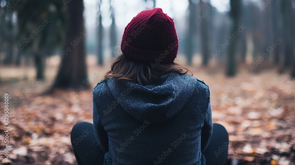 Poster lonely woman sitting in a forest during fall contemplating life with a wool hat on : generative ai