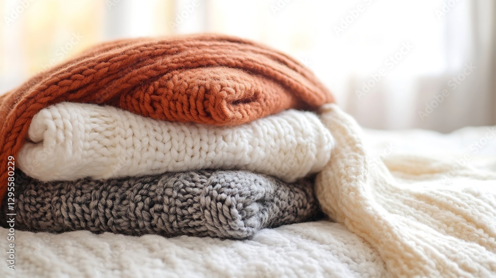 Aufkleber Stack of Cozy and Soft Knitted Blankets Naturally Piled for a Warm and Inviting Vibe : Generative AI