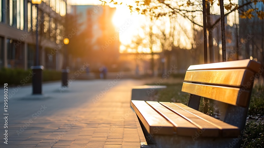 Poster empty wooden bench illuminated by warm sunset in an urban park environment : generative ai
