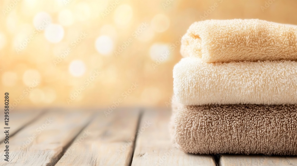 Poster stacked towels on a wooden surface with a warm bokeh background for spa and relaxation : generative 