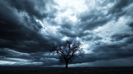 Obraz premium Dramatic silhouette of a solitary tree under a stormy sky reflecting moody nature landscape : Generative AI