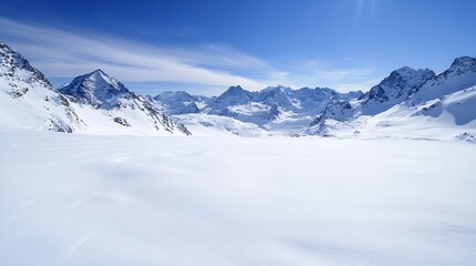 Obraz premium Breathtaking Winter Landscape Featuring Snow Covered Mountains Under Clear Blue Sky : Generative AI