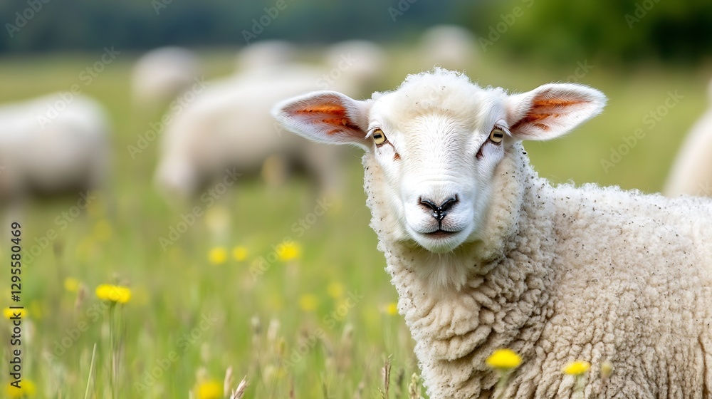 Poster curious sheep in a green field surrounded by wildflowers : generative ai