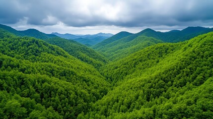 Lush Green Mountains Under Dramatic Cloudy Sky in Serene Landscape