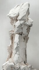 Monumental alabaster formation against serene backdrop captures the essence of geological artistry and sculptural elegance with a minimalist aesthetic