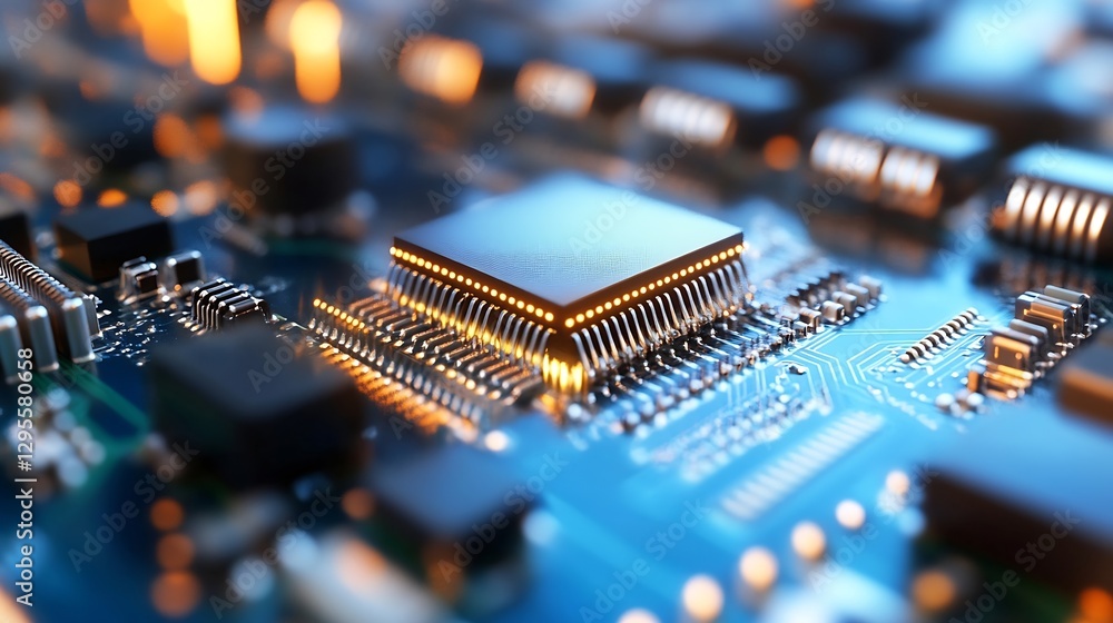 Poster Detailed Close Up of a Microchip on a Circuit Board Highlighting the Components and Lights : Generative AI