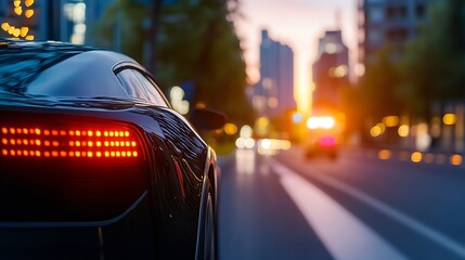Stylish Modern Car on City Street with Blurred Background at Sunset : Generative AI