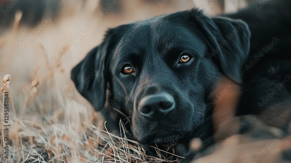 Poster Loyal Black Dog Resting in Field with Soft Grass Surrounded by Nature : Generative AI