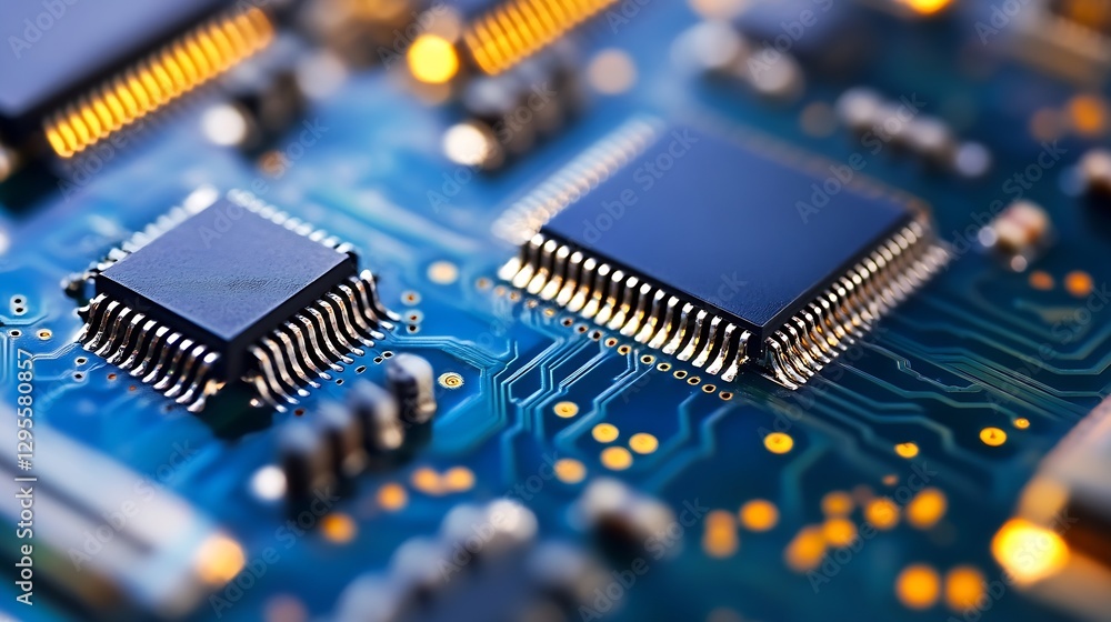 Poster Close up macro shot of computer chip on circuit board showcasing technology details : Generative AI
