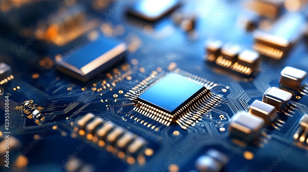 Poster Close Up View of a Computer Motherboard with Metallic Chips : Generative AI