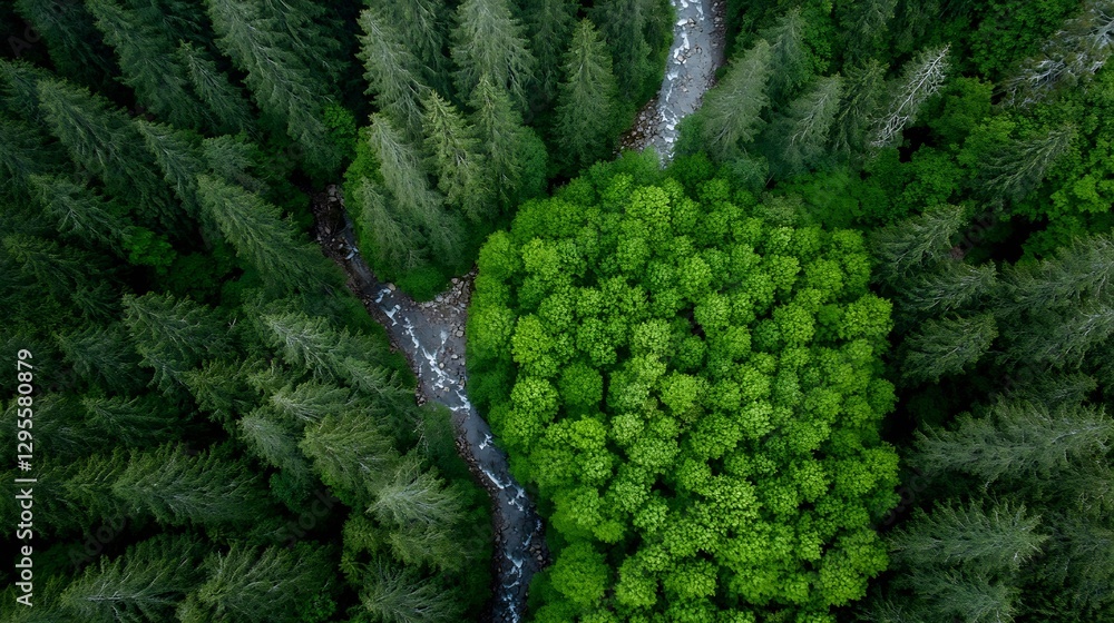 Poster Aerial View of Lush Green Forest with Stream and Circular Grove of Trees : Generative AI
