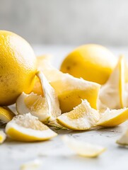 Freshly peeled lemons scattered on a marble surface showcasing vibrant yellow colors and juicy texture : Generative AI