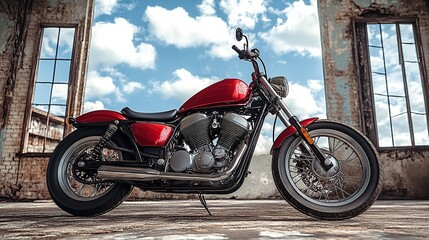 Red motorcycle in abandoned factory, sky visible through windows