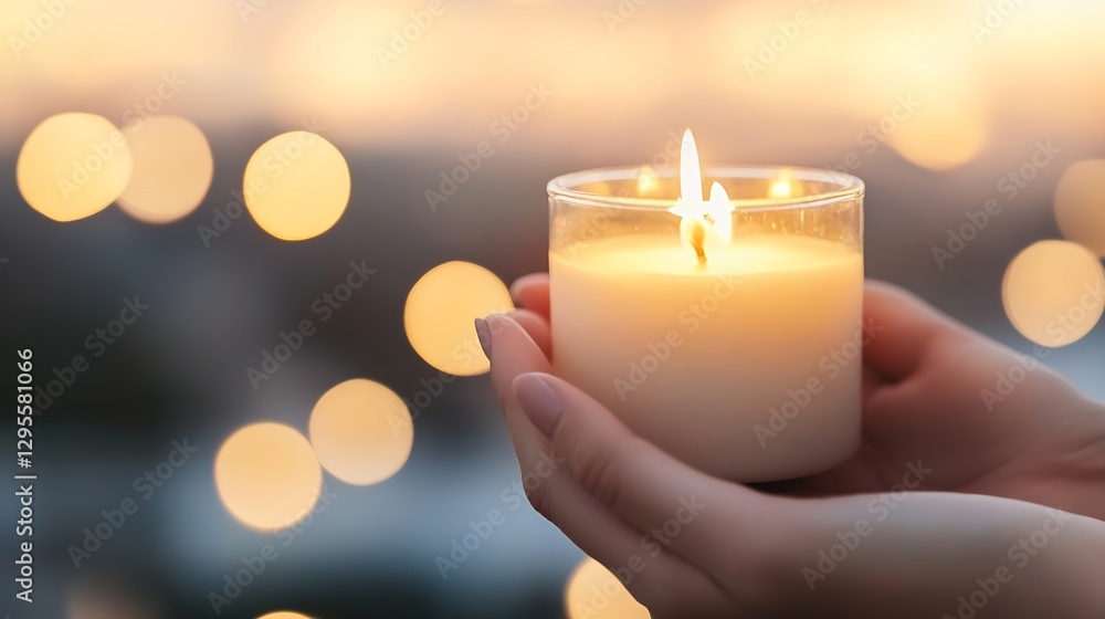 Fototapete elegant candle in hands with soft glow against bokeh lights background : generative ai