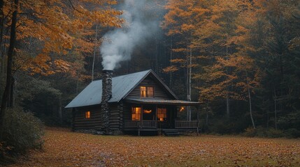 Cozy log cabin nestled in autumn woods, smoke rising from chimney.
