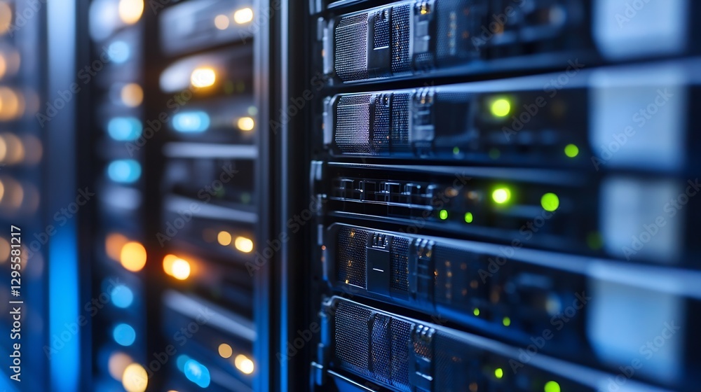 Poster Close-up view inside a modern data center showcasing rows of illuminated server racks : Generative AI