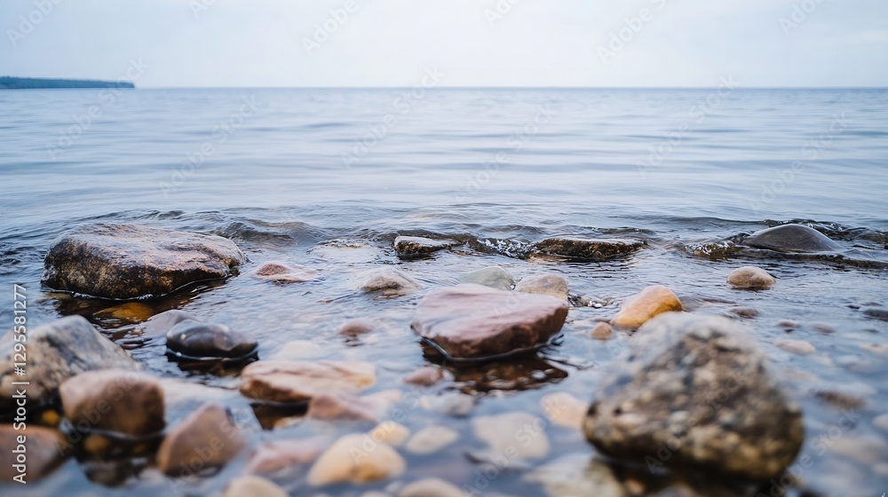 Poster serene coastline with smooth stones and calm water creating a tranquil seaside landscape : generativ