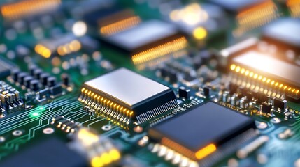 Detailed shot of a microchip on a circuit board highlighting technology and innovation : Generative AI