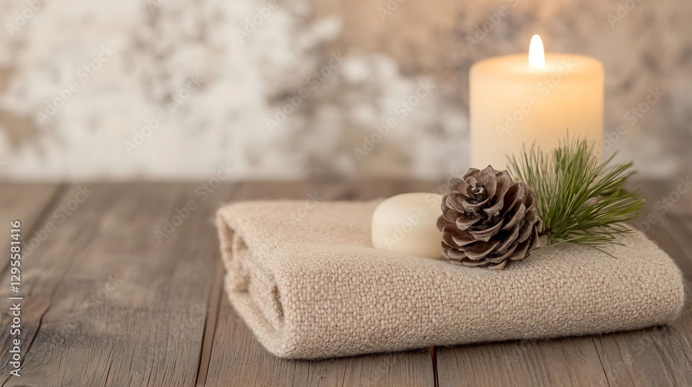 Aufkleber Rustic spa set with a candle and pine cone placed on soft towel on wooden background : Generative AI
