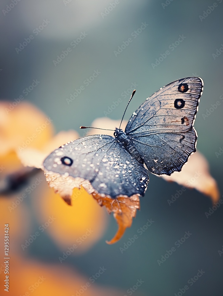 Aufkleber Beautiful butterfly resting on a vibrant autumn leaf showcasing intricate details and soft bokeh background : Generative AI