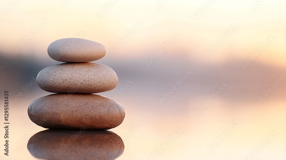 Poster Peaceful stacked stones symbolizing balance and tranquility with soft natural colors and reflection : Generative AI