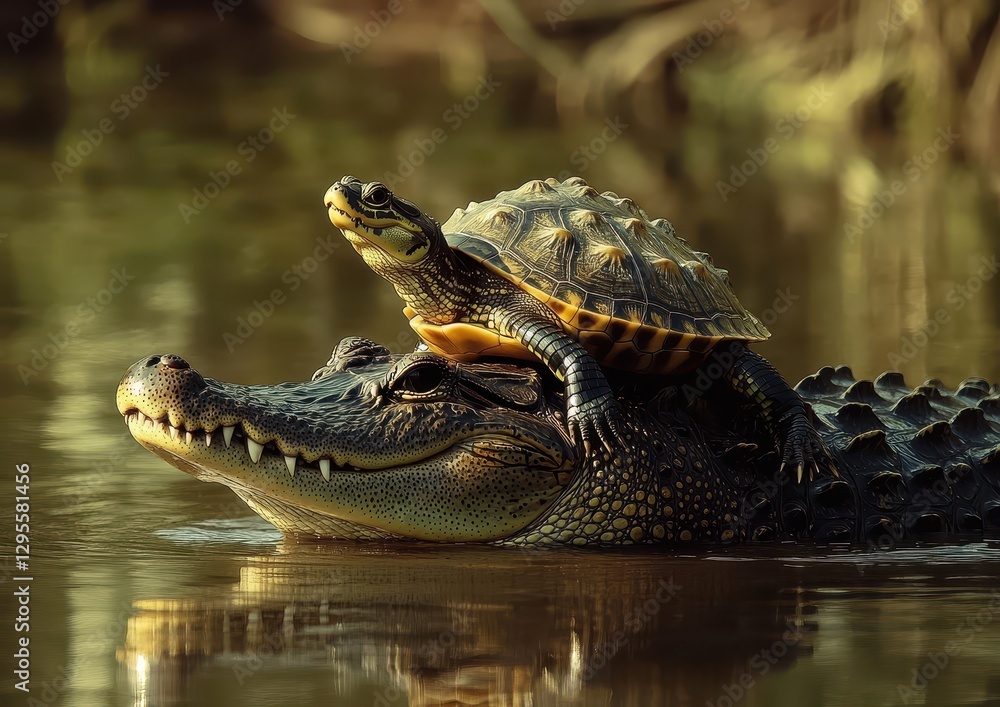 Poster close encounter between alligator and turtle in serene water setting showcasing unique relationship 