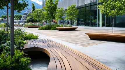 Contemporary outdoor space with wooden benches surrounded by greenery and modern architecture in bright daylight : Generative AI