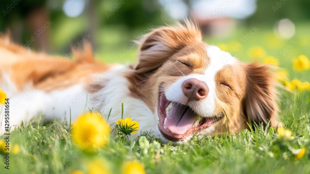 Poster Happy Dog Lying in a Field of Yellow Dandelions Enjoying a Bright Sunny Day : Generative AI