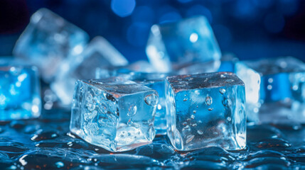Ice cubes arranged closely together on a smooth surface with a dark blue backdrop, showcasing clarity and texture