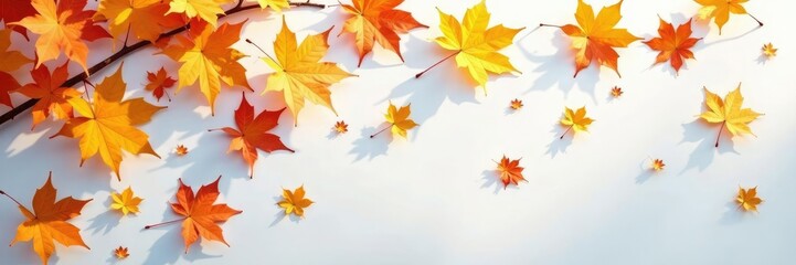 Obraz premium Golden maple leaves scattered on a snow white background, fall, forest