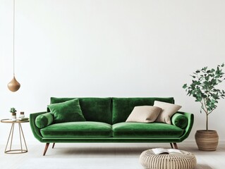 Obraz premium Luxury green velvet sofa in a contemporary minimalist living room setting 