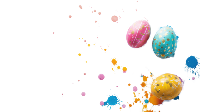 Colorful easter eggs falling with paint splatters on transparent background