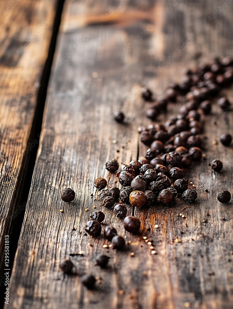 Poster rustic wooden table background with scattered dried black pepper seeds for culinary uses : generativ