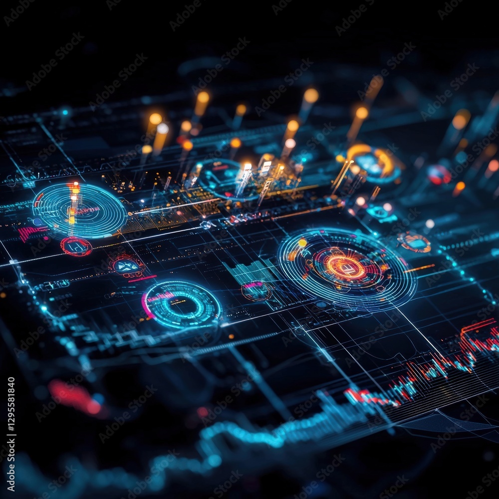 Poster explore a captivating abstract digital technology visualization, featuring vibrant colors and intric