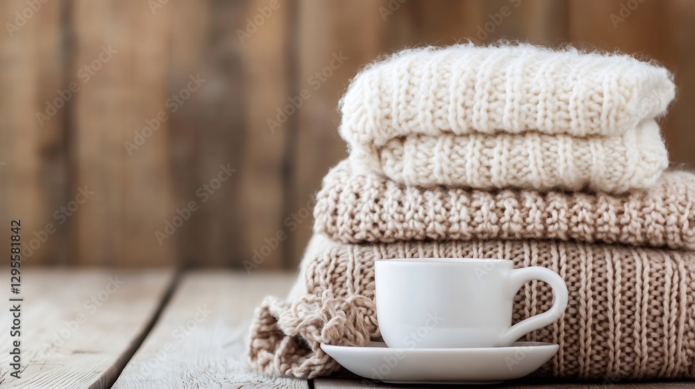 Poster piles of soft knitted sweaters stacked next to a delicate white cup on a rustic wooden table : gener