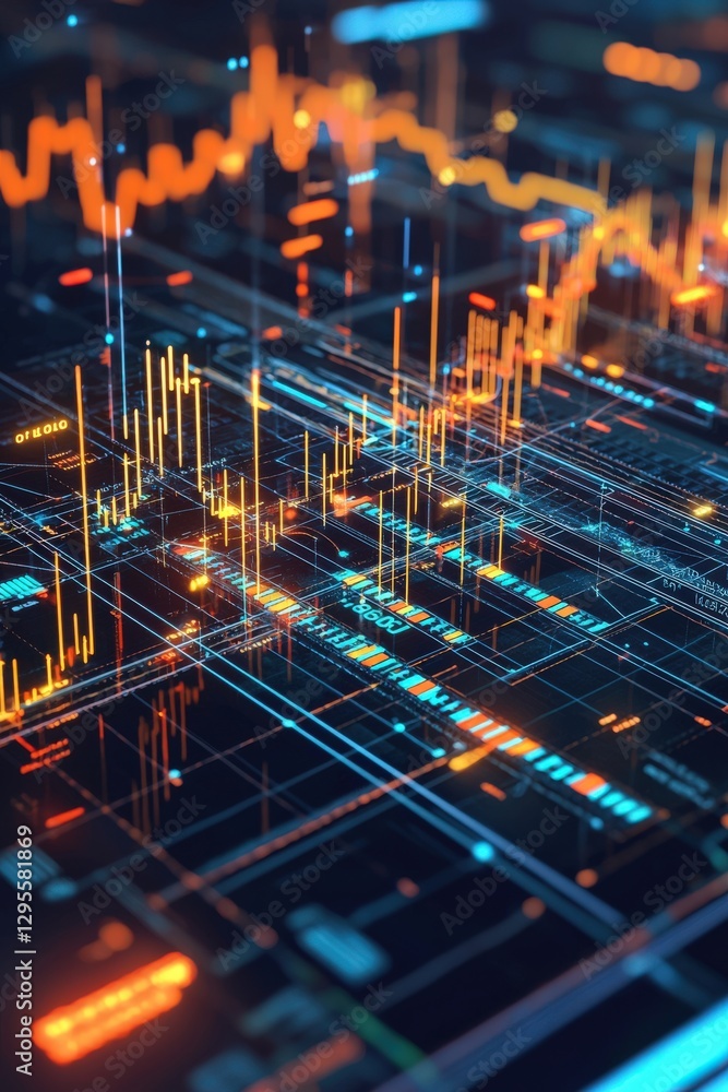 Poster a vibrant and abstract visualization of a digital stock market chart, featuring glowing lines and da