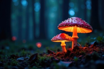 Fototapeta premium Luminescent mushroom caps shining in the dark forest, night, forest, nature