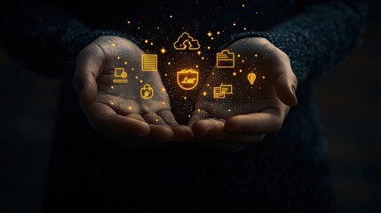 Hands holding glowing digital icons, technology concept