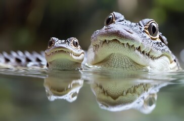 Close Encounter of Alligators and Frogs in Serene Water Environment Showcasing Unique Coexistence and Intriguing Wildlife Interaction in Natural Habitat