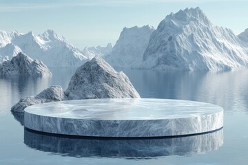 Serene winter landscape with icy platform and majestic snow capped mountains reflecting in calm water scenic view