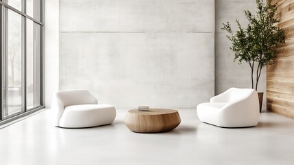 Modern minimalist seating area with stylish sofas and wooden table in bright spacious room : Generative AI