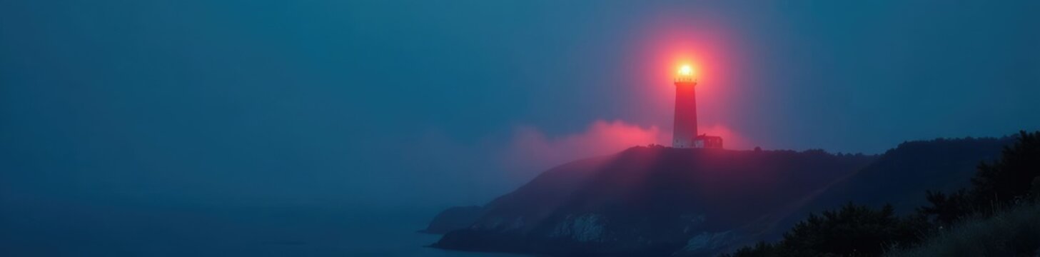 Luminous lighthouse cupula shining through foggy night, fog, foglamp