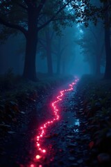 Luminous tendrils of light trail through dark surroundings, hazy, misty, nighttime