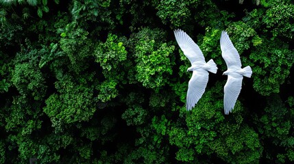 Two white doves flying over a lush green forest