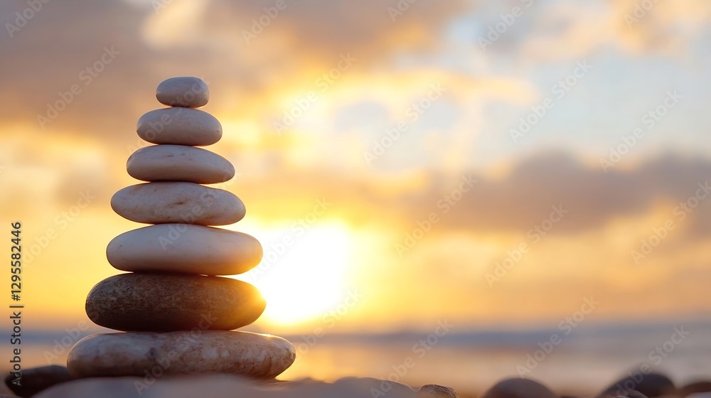 Poster stack of smooth stones on beach at sunset symbolizing balance and serenity : generative ai