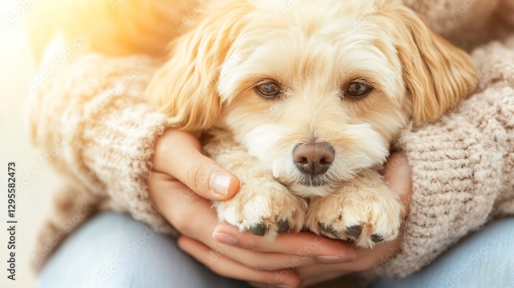 Poster adorable small golden dog resting softly in the arms of a person during a warm sunny day : generativ