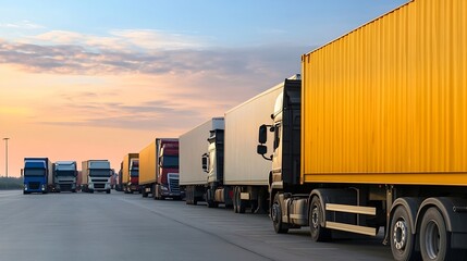 Row of heavy-duty trucks parked in a freight yard during sunset with colorful clouds : Generative AI